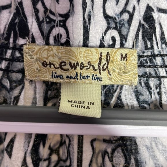 One World Black & White Flowy Boho Lightweight Smocked Off Shoulder Neckline M - Picture 6 of 8